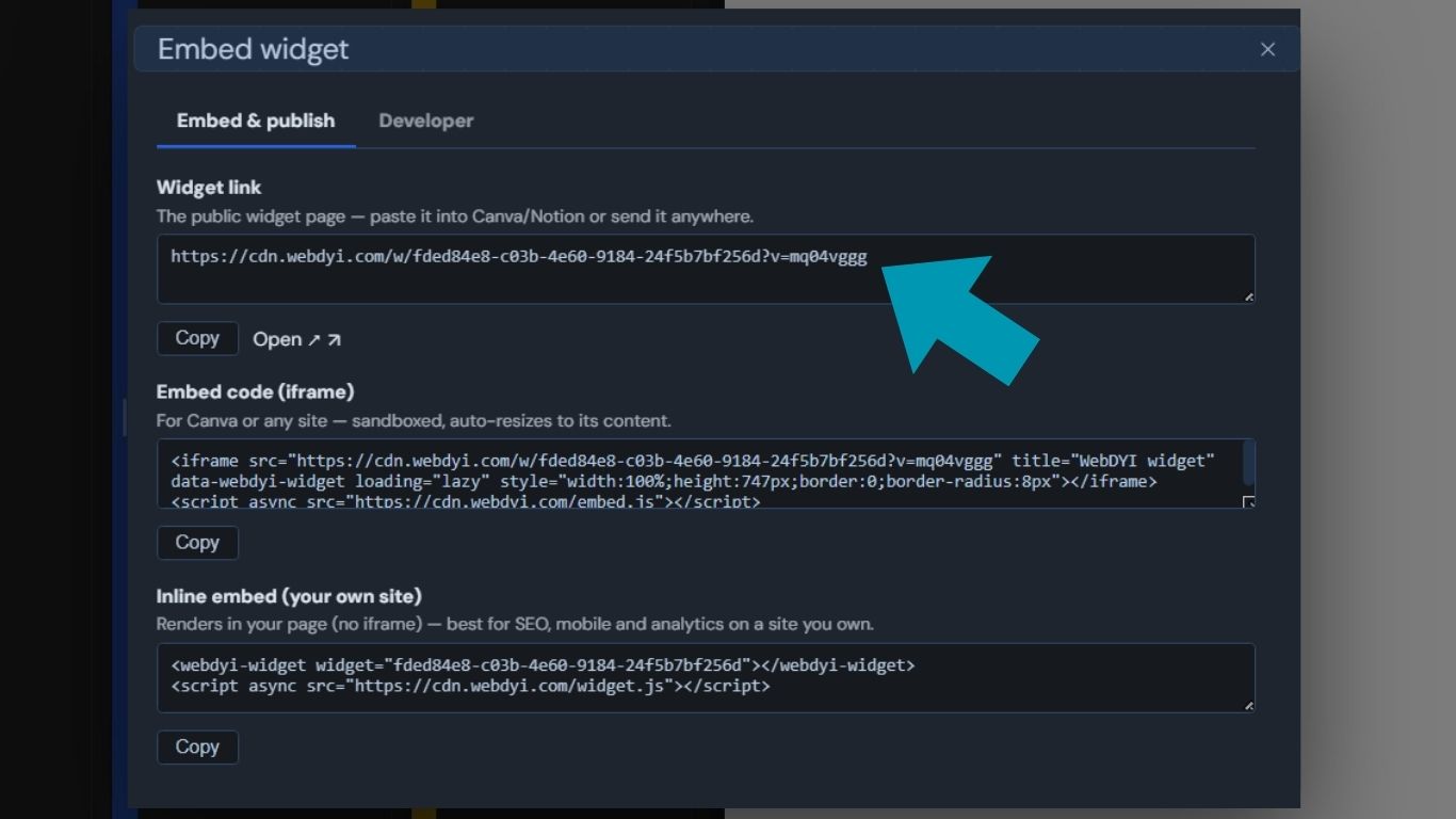 Copying a live preview link