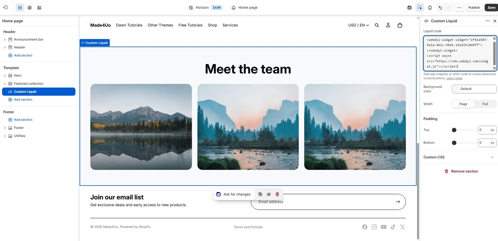 Embedding the widget in Shopify